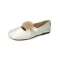 Elegant pearl white ballet flats with fabric flower decor and elastic crisscross straps - EU 35 / Beige
