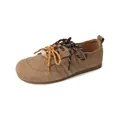 Brown suede Birkenstock-style flat with colorful patterned laces and round toe design - EU 35 / Camel