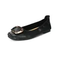 Women's black flat shoes featuring a woven texture and a large gold metal square buckle - EU 35 / Black
