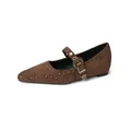 Brown suede pointed Mary Jane flats with gold rivets and vintage floral engraved buckle - EU 35 / Coffee