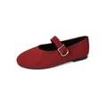 Classic red suede Mary Jane flat shoes with round toe and silver buckle strap detail - EU 35 / Red
