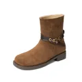 Caramel suede platform ankle boots with dark brown leather straps and gold buckles - EU 35 / Acorn