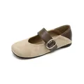 Retro Mary Jane flats in beige suede and brown leather with a silver round buckle - 35 / Apricot