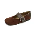 Vintage brown Mary Jane flats with suede stitching and large silver buckle - 35 / Coffee