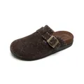 Dark brown felt Boston-style clogs with metal buckle and comfortable thick sole - EU 35 / Coffee
