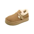 Brown platform suede snow boots with white fleece lining and decorative buckle strap - EU 35 / Yellow
