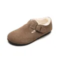 Brown suede leather clogs with warm white faux fur lining and adjustable buckle strap - EU 35 / Dark Gray