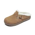 Brown suede leather Birkenstock style mules with warm white faux fur lining and buckle - EU 35 / Chestnut