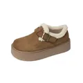 Dark brown platform Birkenstock-style clogs with warm white faux fur lining and metal buckle - EU 35 / Khaki
