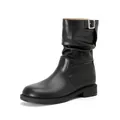 Black slouchy mid-calf boots with decorative silver buckle and thick flat sole - EU 35 / Black
