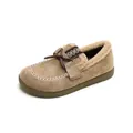 Brown platform slippers with sherpa lining and bow decoration for women - EU 35 / Khaki