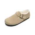 Beige suede leather fur-lined clog with adjustable buckle strap and non-slip sole - EU 35 / Apricot