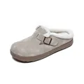 Women's beige suede Birkenstock style clogs with plush white faux fur lining and buckle - EU 35 / Milk Camel