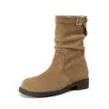 Brown faux suede mid-calf boots with pleated shaft and metal buckle detail - EU 35 / Apricot
