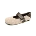 Mary Jane flat shoes in beige plush fur and brown leather with a silver metal buckle - EU 35 / Khaki