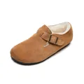 Brown suede leather clogs with buckle strap and warm white faux fur lining interior - EU 35 / Chestnut