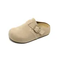 Women's beige suede platform clogs with adjustable metal buckle and cork-style sole - EU 35 / Apricot