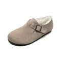 Taupe suede mule with thick faux shearling lining and adjustable metal buckle strap - EU 35 / Milk Camel
