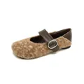 Brown fuzzy Mary Jane flat shoes with leather strap and silver metal buckle - EU 35 / Chestnut