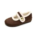 Women's dark brown suede Mary Jane flats with warm faux fur lining and gold buckle detail - EU 35 / Coffee
