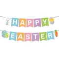 Colorful Happy Easter banner with cartoon bunnies, eggs, and carrots for party decoration - Easter Rabbit Swallowtail Banner