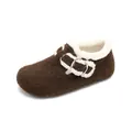 Dark brown woolen felt Birkenstock clogs with white faux fur lining and silver buckle - EU 35 / Coffee