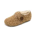Brown fuzzy faux shearling platform clogs with plush lining and wood button buckle - 35 / Chestnut