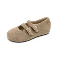Camel sherpa Mary Jane shoes with double straps and gold buckles for winter warmth - EU 35 / Oatmeal