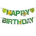 Détail de la banderole d'anniversaire jungle avec lions et singes sur des cartes vertes - Animal Anniversaire Feuille Verte Classique
