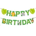 Pancarta de cumpleaños de animales de la selva con león, elefante y hojas tropicales - Nueva Pancarta de Cumpleaños de Animales de la Selva