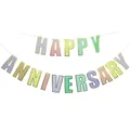 Pancarta Happy Anniversary macaron con bordes dorados para adorno de aniversario - Pancarta de Aniversario de Bodas Estampado Oro