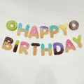 Colorful donut-themed Happy Birthday banner for party wall decoration and festive events - New Donut Birthday Banner