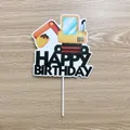 Cartoon excavator birthday cake topper with Happy Birthday text for construction party - Excavator Cake Topper