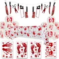 Halloween bloody tool banner with bloodstain balloons and spooky sticker party set - T1 Bloody Knife Tablecloth Balloon Set