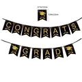 Congrats Grad graduation party banner with black gold flags, doctoral caps and gold stars - Graduation Banner