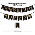 Congrats Grad black and gold banner with mortarboard hats for graduation party decor - Graduation Banner (14-Pack)