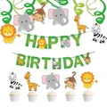 Pack de pancarta de cumpleaños de selva y adornos para tarta con cebra y león - Set de Fiesta de Animales