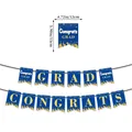 Detail of blue and gold graduation banner showing dimensions 12cm x 15cm for party decor - 2026 Graduation Blue Banner / Blue Gold