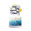 Detail view of First Trip Around the Sun cake topper with space planets and rockets - Large Cake Topper