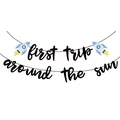 First Trip Around the Sun birthday banner with blue rockets for space themed parties - Rocket Birthday Banner