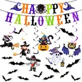 Halloween party decoration set with Happy Halloween banner, cartoon charms, and bats - Halloween Colorful Banner Spiral Bat Kit
