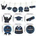 Blue glitter graduation party decorations featuring cap and gown shapes with sizes - Blue Graduation Tags