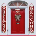 Red and black buffalo plaid Merry Christmas porch banner set with festive illustrations - Red Black Grid Merry Christmas Welcome With Santa Snowman Illustration (003)