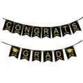 14-piece black and gold glitter Congrats Grad banner set with graduation cap design - Graduation Banners - Style A