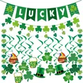 Green St. Patrick's Day party set with Lucky banner and shamrock hanging swirls - Irish Festival Banner Swirl Set (Style E)