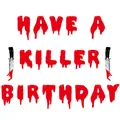 Red glitter Have A Killer Birthday banner with bloody knife charms for Halloween parties - Bloody Knife Birthday Banner