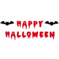 Close-up of red bloody font Happy Halloween banner with black bats for party decor - Bat Happy Halloween Banner