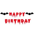 Detail of red glitter Happy Birthday banner with spooky blood drip font and black bats - Bat Happy Birthday Banner