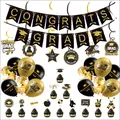 Kit déco fête diplôme noir et or avec bannière Congrats Grad ballons et pics gâteaux - Combinaison Banderole et Ballons