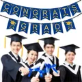 Striscione Congrats Grad blu e oro con scritte glitterate per festa di laurea - Banner di Laurea Blu